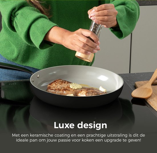 BE Living Poêle à frire - Ø 28 cm - Poêle à frire en céramique sans PFAS - Convient à toutes les sources de chaleur - Noir