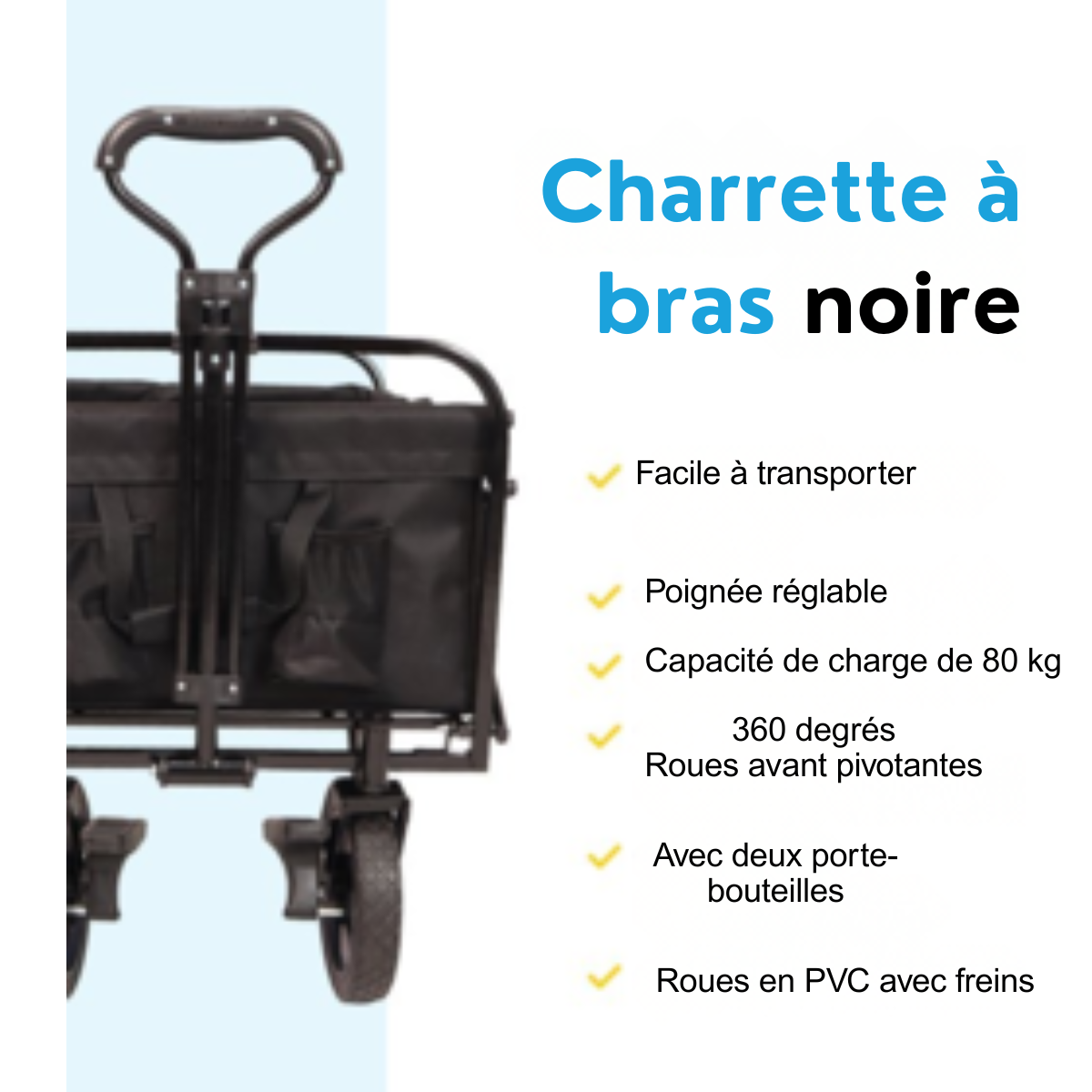 BRASQ Wagon pliable - 100 litres - Capacité 80 KG - Roues pivotantes avec frein - 90x51x100 CM - Poignée réglable - Wagon pliable - Compact - Noir