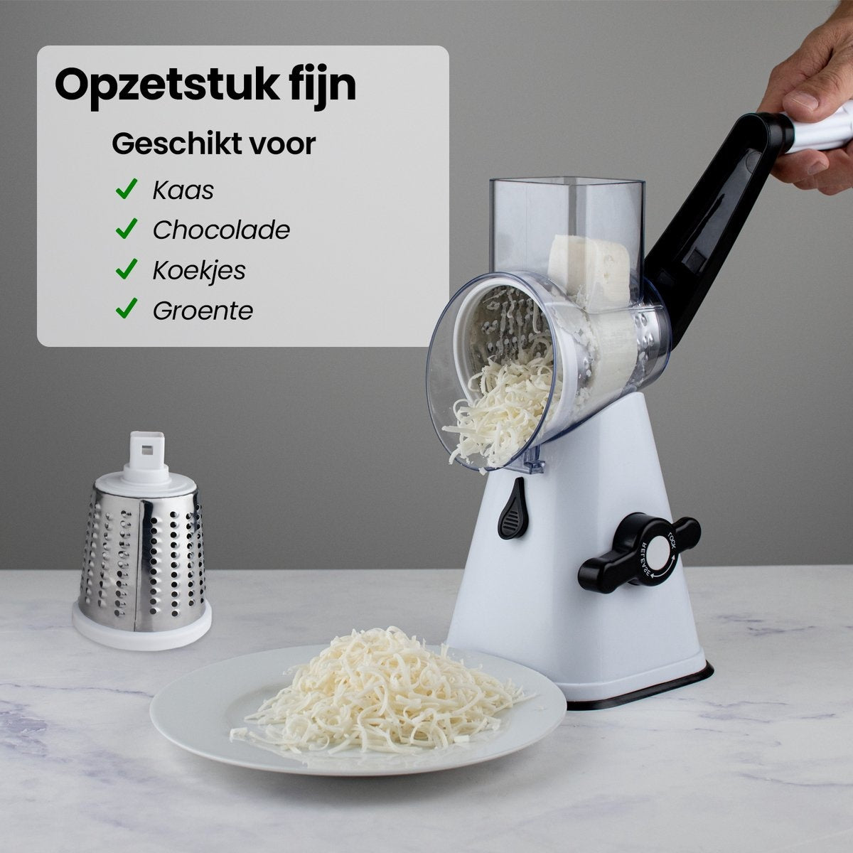 Râpe à tambour Nimma - Comprend 3 accessoires et un couteau en spirale - convient comme moulin à fromage et râpe - Blanc