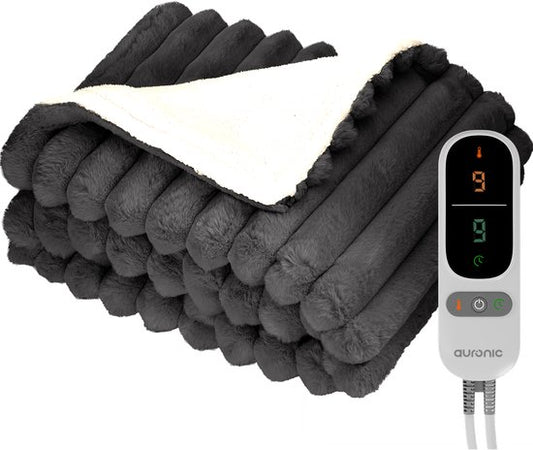 Couverture électrique Auronic - 160 x 120cm - Couverture chauffante - 1 personne - 3 niveaux de chaleur - Peluche - Couverture chauffante - Anthracite