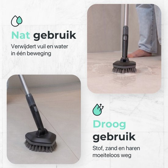 CLEANLY Kit 3 en 1 avec balai à franges sur manche - Brosse de nettoyage - Brosse à récurer - Balai à franges sur manche - Brosse à récurer - Chariot de nettoyage - Réglable de 118 à 150 cm - Noir, Gris