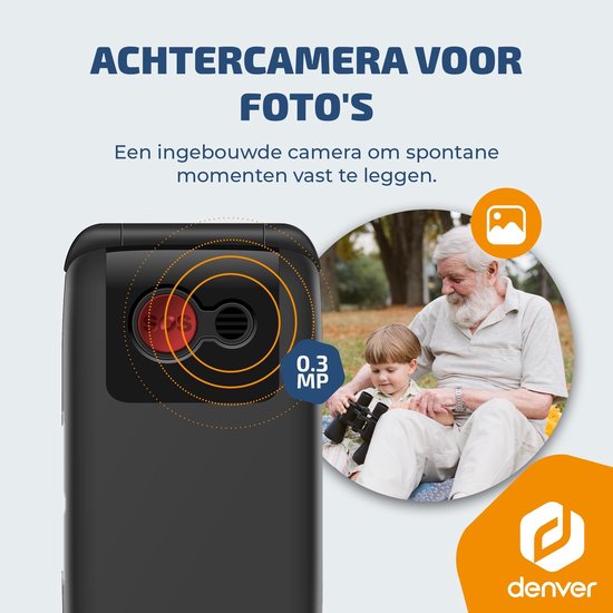 Téléphone portable Denver pour seniors 4G - Grandes touches - Bouton SOS - Grandir sans smartphone - Station de recharge - GSM - Bluetooth - Radio FM - Entièrement en néerlandais et en français - Modèle 2026 - BAS24800L