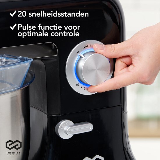 Infinity Goods Robot de cuisine - Mélangeur de cuisine - Bol de mélange en acier inoxydable de 6,5L - Robot de cuisine - Robot ménager - Avec accessoires - 1600W - Noir