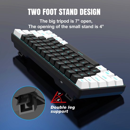 HXSJ V900 - Clavier de jeu filaire - mécanique - RVB - commutateur bleu - 61 touches - claviers QWERTY - noir blanc