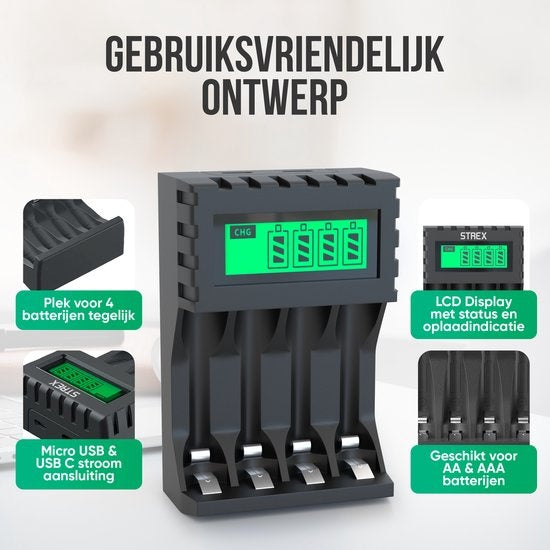 Strex Battery Charger - AA/AAA Batteries - USB Rechargeable - LCD Display - Universal Battery Charger For Rechargeable Batteries