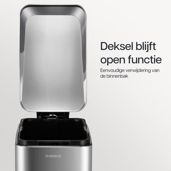 Deleca Trashcan Prestige - 50 Liter - Narrow - Stainless steel Dustbin / Waste Bin / Pedal Bin - With Foot Pedal and Slow Close - Matt Silver