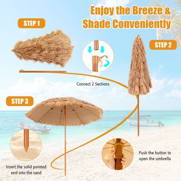Coast Hawaiian Style Parasol en paille Ø285 cm - Design naturel avec 8 baleines en métal