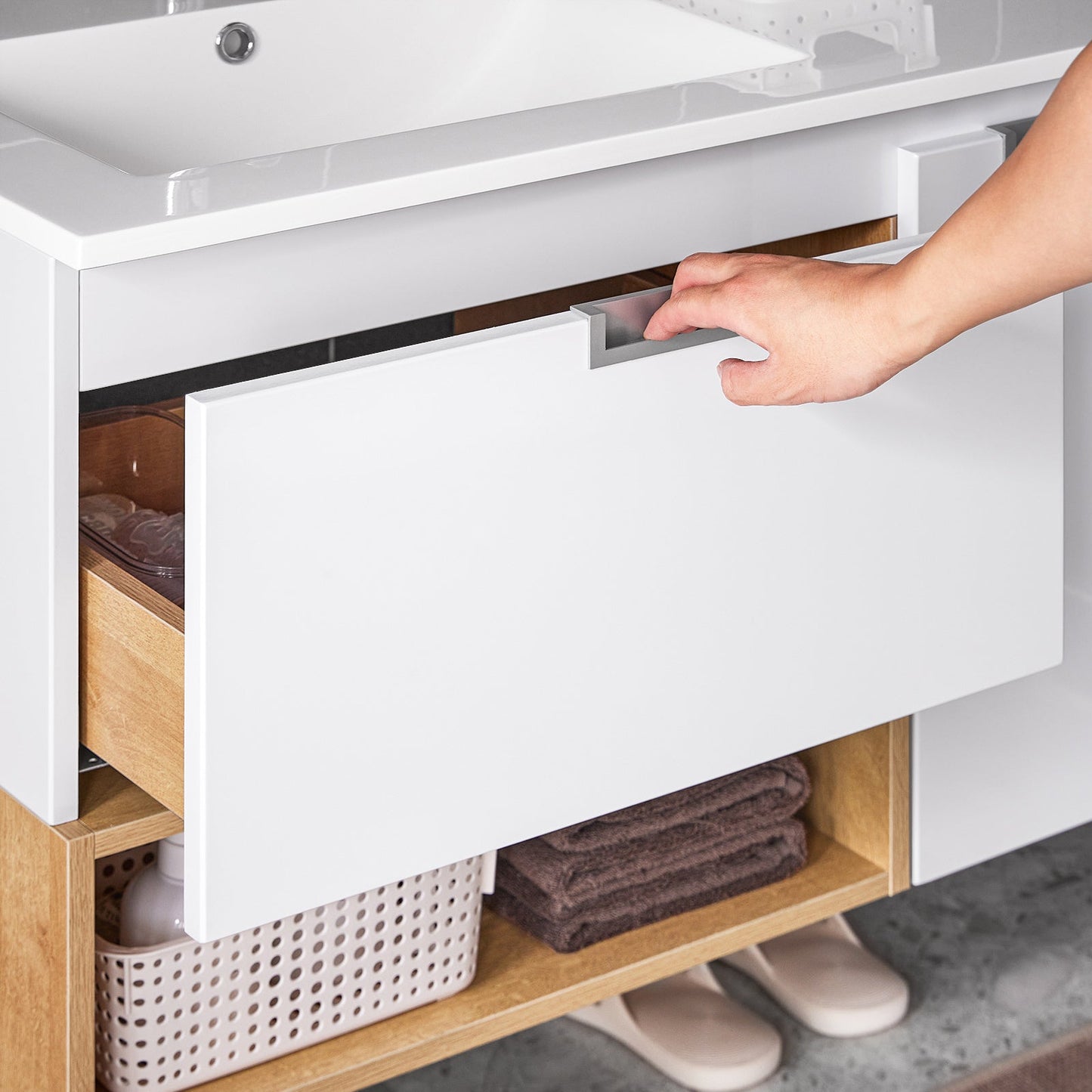 SoBuy BZR178-WN Meuble sous-lavabo - 80x54x46 cm - Blanc/Naturel - Meuble de salle de bains étroit