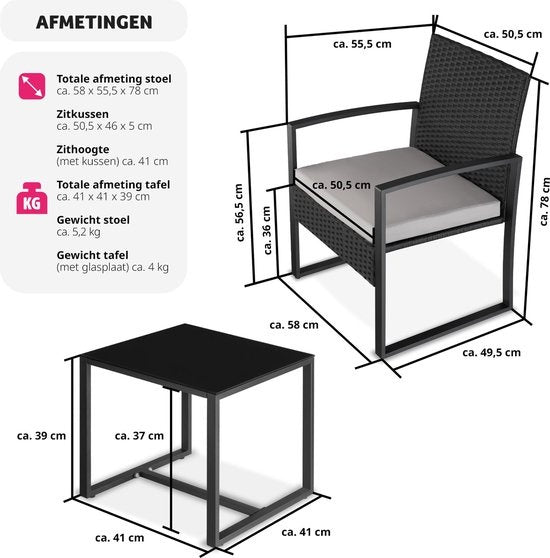 tectake® - ensemble de sièges en osier 2x fauteuils avec table, ensemble de meubles de balcon, meubles de jardin, meubles de balcon, petit salon, chaises rembourrées y compris table de jardin extérieure, résistant aux intempéries - noir - poly-rotin