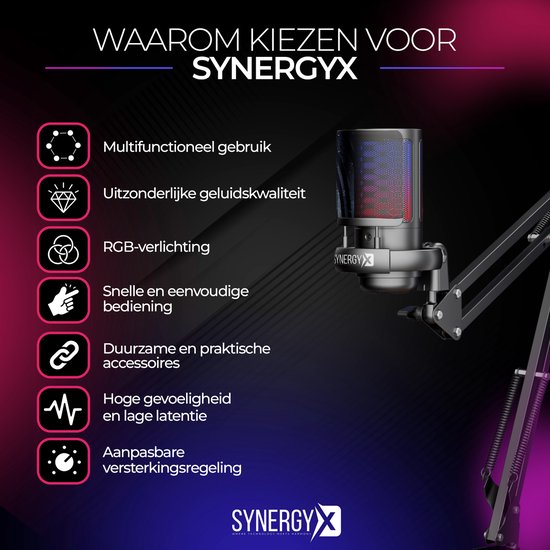 SynergyX SonicFlex Pro Microphone - Microphone de jeu USB avec bras - PC Gaming - Convient pour PC/PS4/PS5 - RGB - Podcast - Gaming - Streaming - Noir