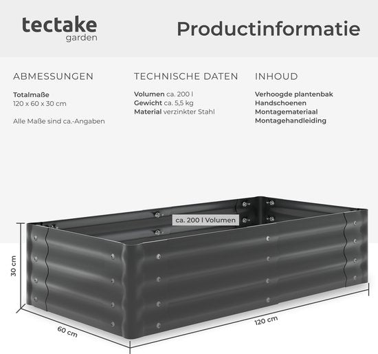 Jardinière surélevée tectake® - 120 x 60 x 30 cm - 200 L - Jardinières d'extérieur - Bac de culture - Bac potager - Acier galvanisé - Fond ouvert - Jardin d'herbes aromatiques - Bac de jardin - Ergonomique