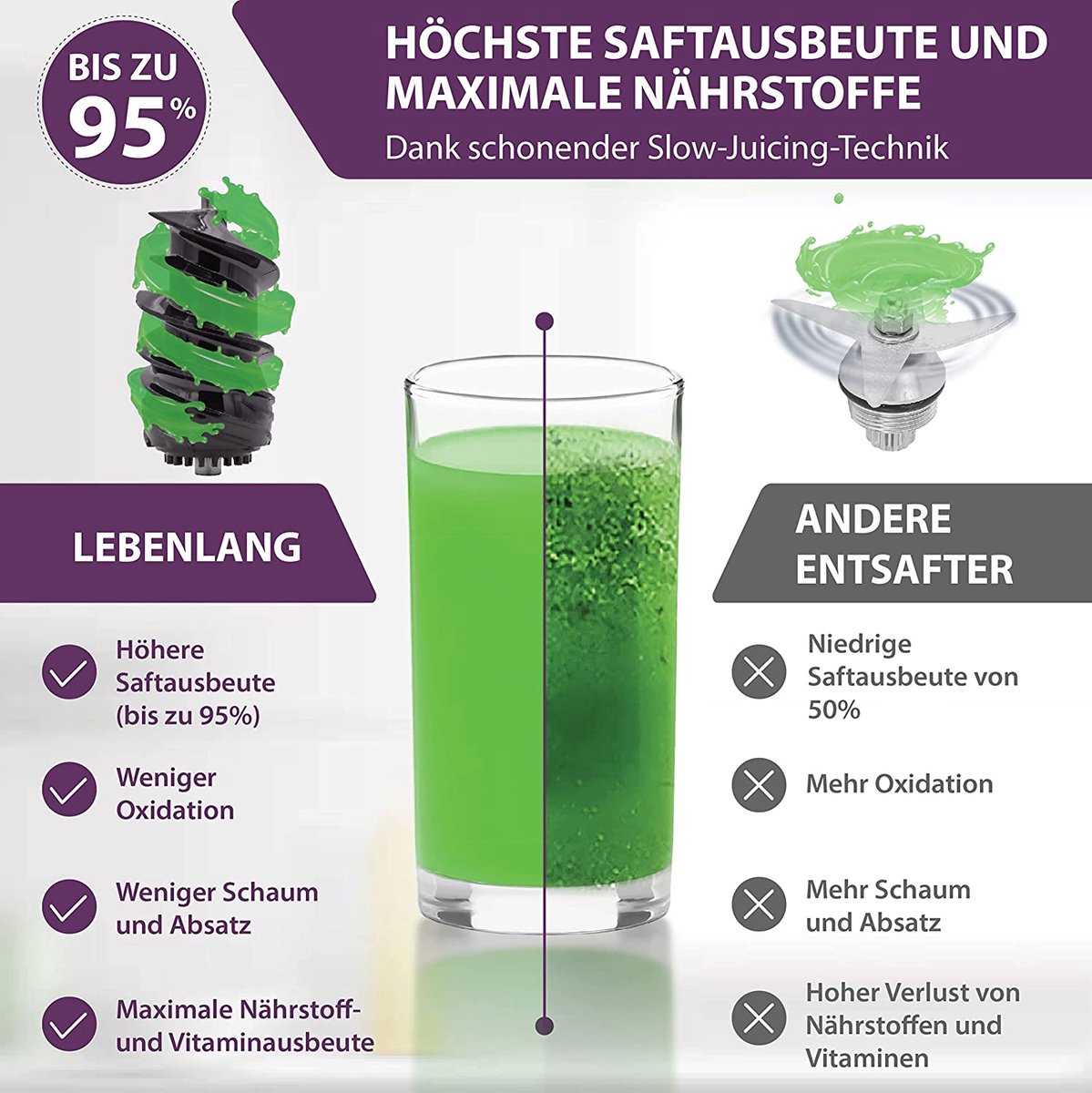 LEBENLANG Slow Juicer 45x35x25 cm - Gris - Presse-fruits et légumes sans BPA, presse-agrumes en céramique, presse-agrumes électrique pour céleri, carottes et smoothies