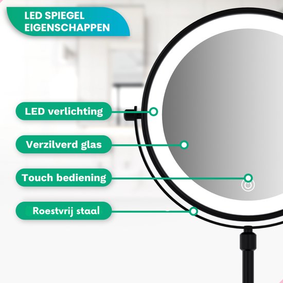 Mirlux Miroir de maquillage avec éclairage LED - lumière grossissante 10x - réglable en hauteur - 3 modes d'éclairage - rechargeable - Miroir grossissant noir