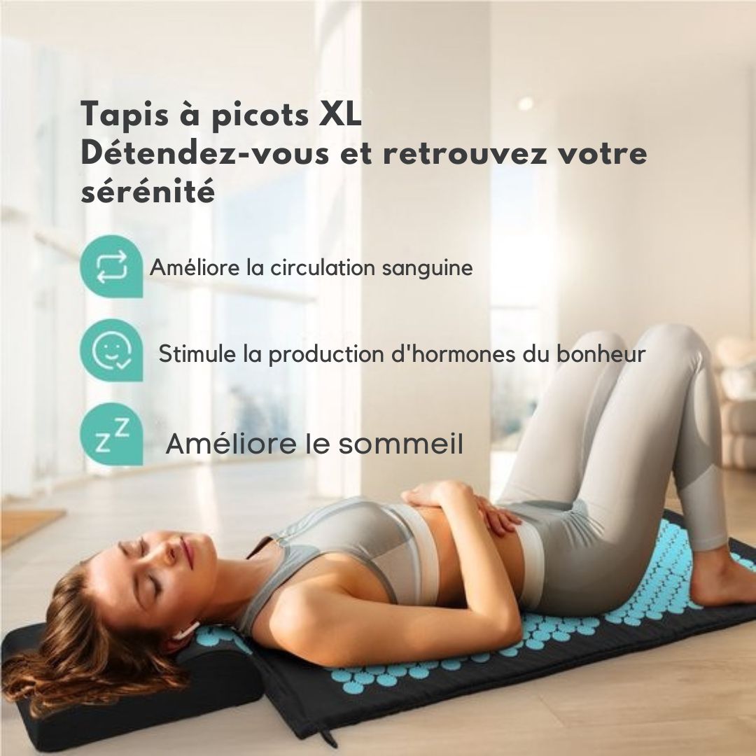 Tapis d'acupression XL LifeGoods - avec coussin - Tapis Shakti - Tapis pour les ongles avec 2 balles pour les points de déclenchement - 128x48x2cm - Noir/Turquoise