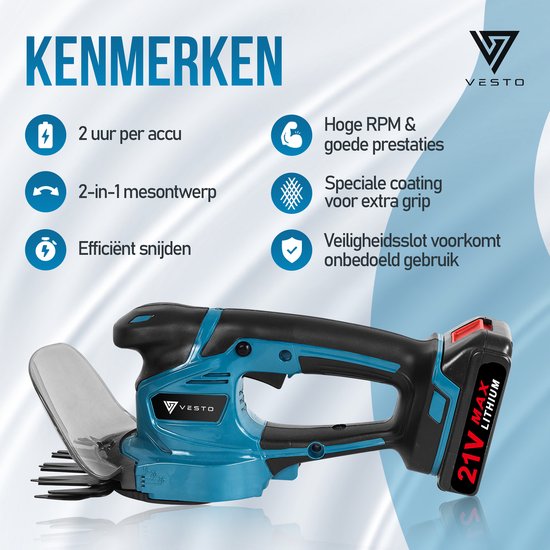 Vesto® Accu taille-haie - Lame de buis et d'herbe incluse - Taille-haie électrique - Sécateurs sans fil - Taille-haie