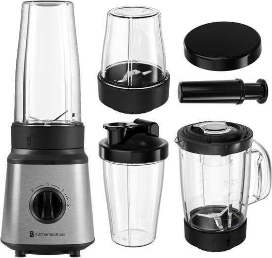 KitchenBrothers Blender - Set complet - 2x 750ml Bowl - Grinder - Tamper - To-Go Cups - Acier inoxydable