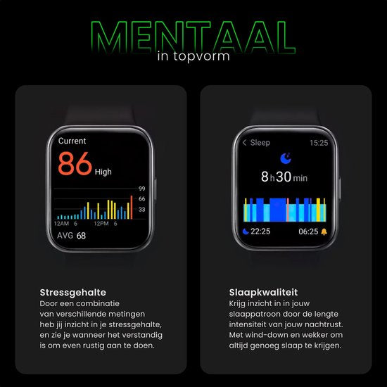 Maoo Maximize Smartwatch - Fonction Bell complète, moniteur de fréquence cardiaque, podomètre, multisport - Android & iOS - Noir