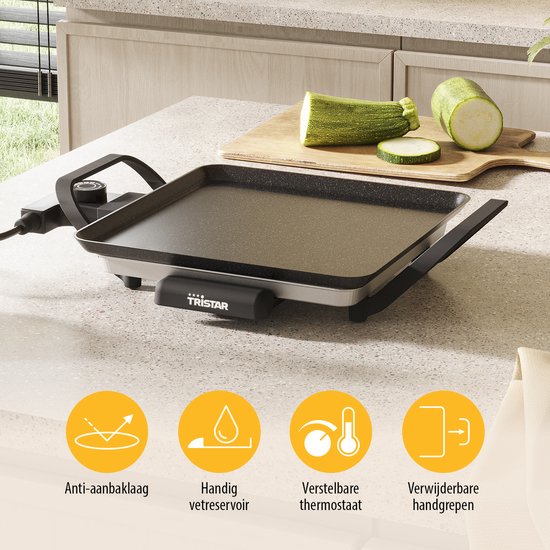 Plaque de cuisson Tristar - BP-2666 - Gourmet, plaque de grill S 28 x 28 cm - 2 personnes - 800 W - Thermostat réglable - Adaptée au camping