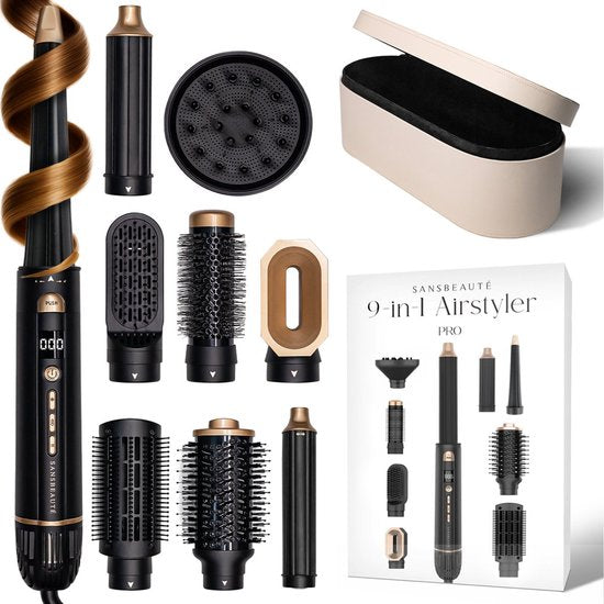 Sansbeauté® 9-in-1 Airstyler with Diffuser and Storage Box - Multistyler - Hair dryer brush short hair - Hair curler - Hair styler - Hair dryer - Heat brush - Curling brush - Curling iron - Hair straightener - Styling brush - 5 in 1 Hairstyler