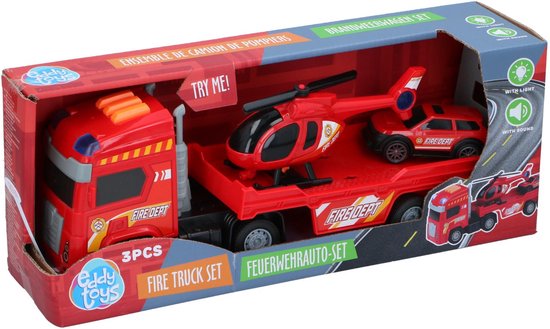 Ensemble de 3 véhicules de pompiers Eddy Toys - Ensemble comprenant une remorque, un hélicoptère et un camion de pompiers - Voiture, hélicoptère et camion de pompiers avec lumières et sons - Pompiers - Rouge