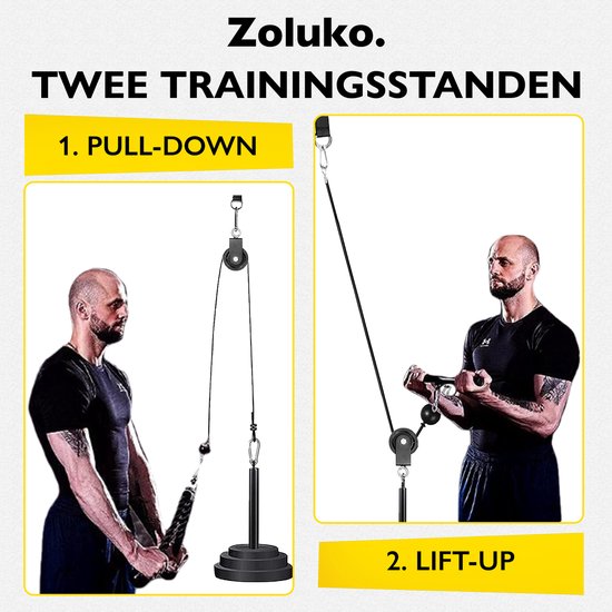Zoluko Home Fitness Cable System 23-Piece Set - Incl. E-book - Station de musculation pour le sport à domicile - Incl. Triceps Rope, Biceps Rod and Handles - 100kg Carrying Capacity - Easy Attachment - Strength Training - Lat Pulley - Home Gym - Black/Sil