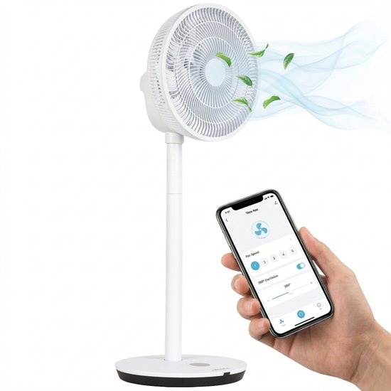 Ventilateur Aironex - Ventilateur sur pied silencieux à 26 vitesses - Commande via application - Faible consommation - Blanc - Avec fonction aromathérapie et Wi-Fi - Minuterie et mode nuit - Réglable en hauteur - Oscillation horizontale et verticale