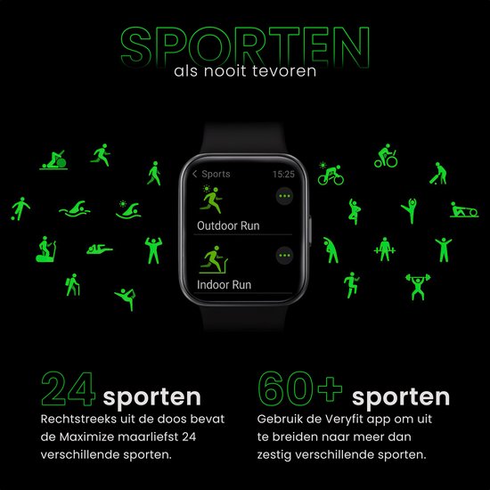 Maoo Maximize Smartwatch - Fonction Bell complète, moniteur de fréquence cardiaque, podomètre, multisport - Android & iOS - Noir