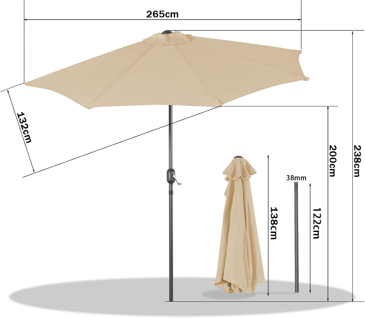 Angel Living Parasol de balcon - Semi-circulaire - 265 x 132 cm - Beige