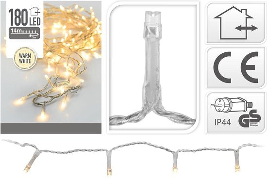 Lumières LED - 180 LED - 13,5 mètres - Blanc chaud - Cordon transparent