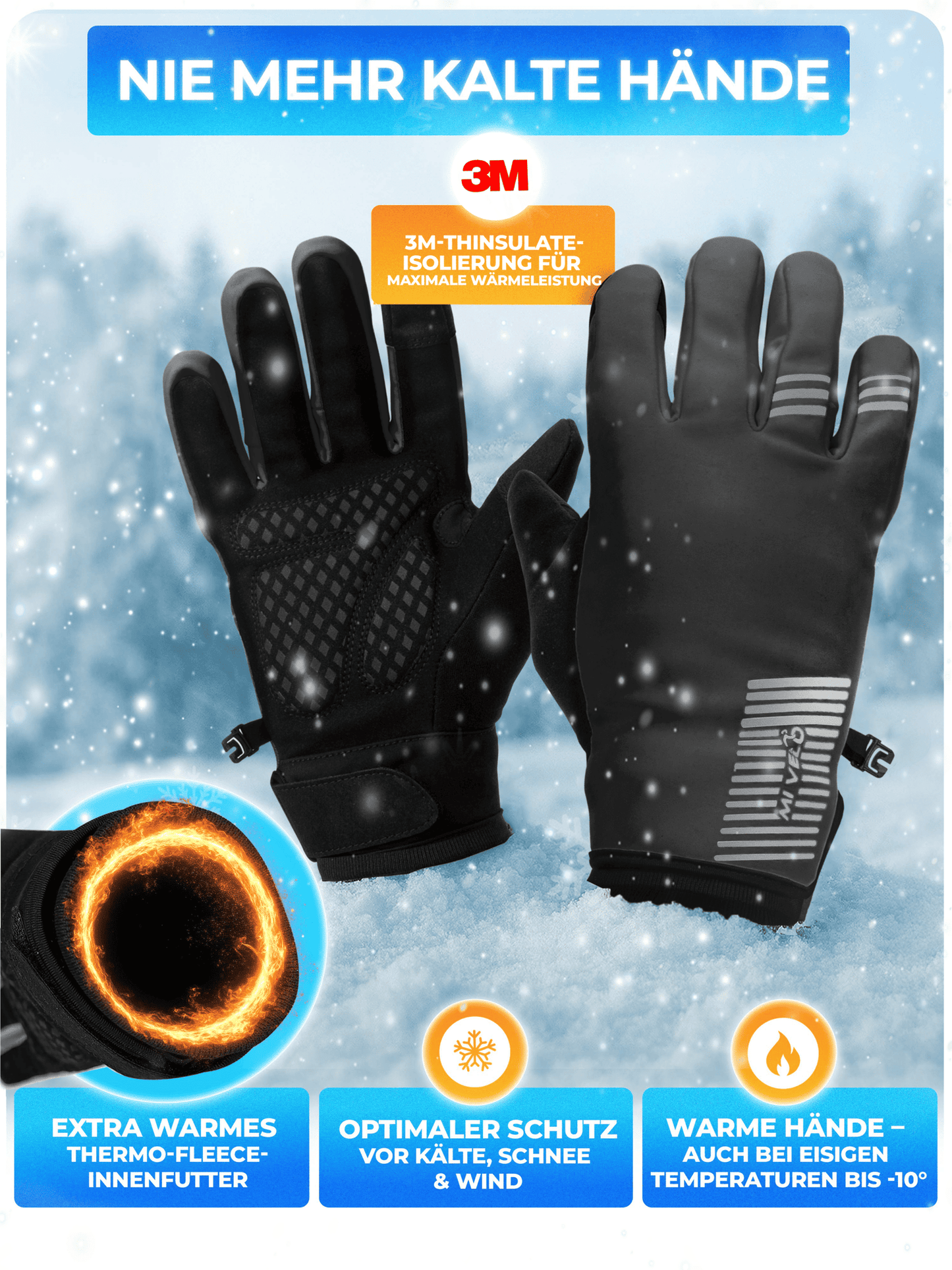 Gants d'hiver Mivelo - Noir - Taille L - Avec 3M™ Thinsulate™ & Thermo-Fleece