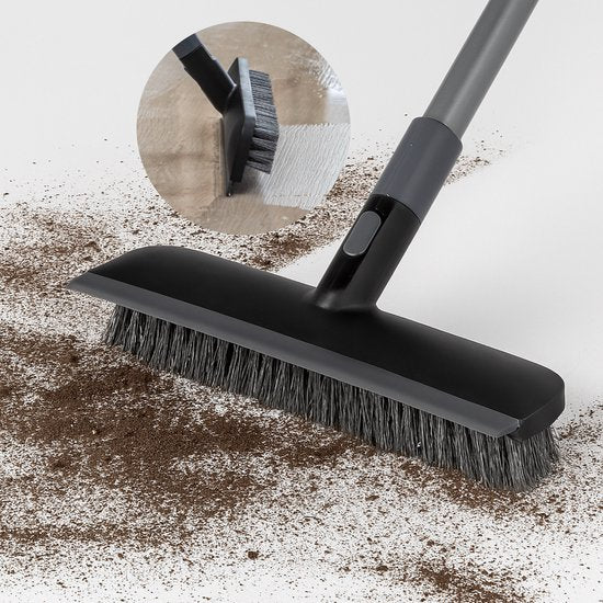 CLEANLY Brosse à récurer et raclette de sol avec manche - Brosse de nettoyage - Brosse à récurer avec manche - Brosse à récurer - Raclette - Réglable 116-144 cm - Largeur 30.5 cm - Noir, Gris