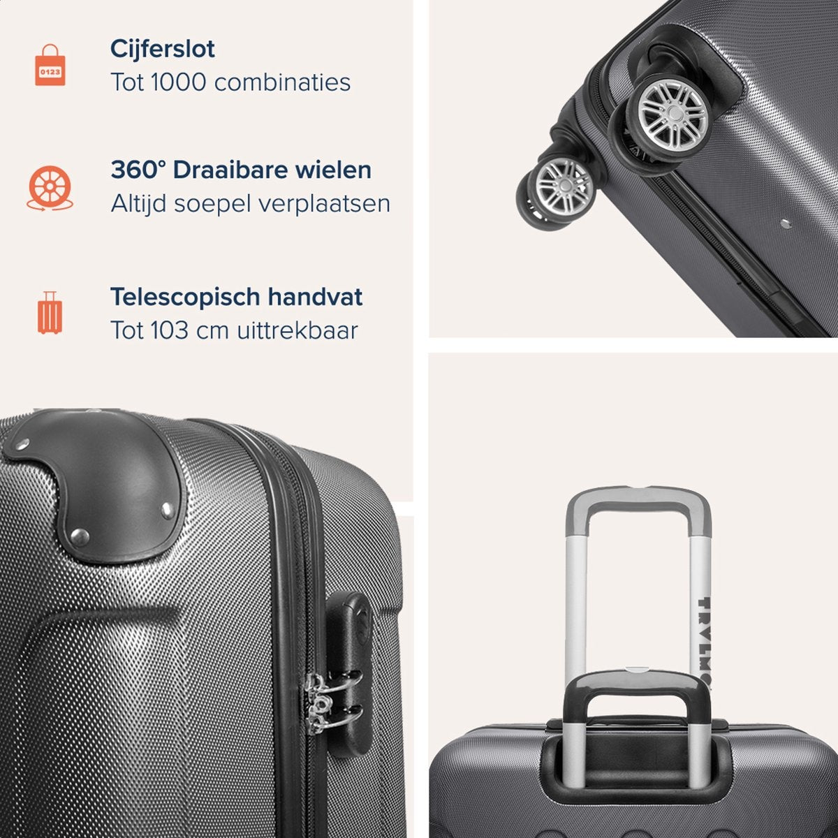 TRVLMORE Set de valises - 2 pièces - 38L (bagage à main) + 110L - Gris foncé