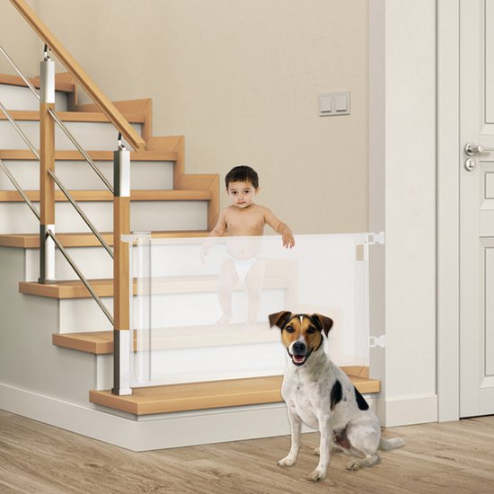 Barrière d'escalier enroulable avec fonction autocollante - Barrière de sécurité - Réglable - Barrière pour chien - Barrière d'escalier sans perçage - Barrière pour enfant - Pour animaux et enfants - 10 à 150 cm de large - Blanc - Sweet Sprout