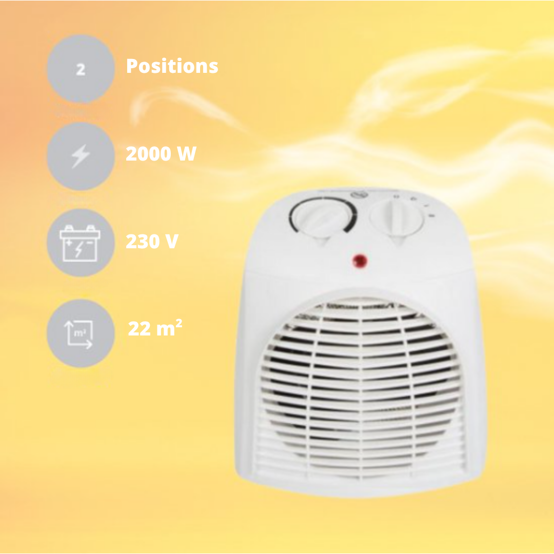 Radiateur soufflant Perel - 2000W - 21 × 15 × 22 cm - Jusqu'à 22 m² - Blanc