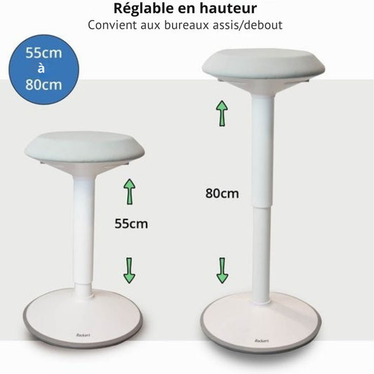 Tabouret oscillant Backerz® - Hauteur 55-80 cm - Tabouret d'équilibre - Tabouret assis-debout - Chaise de bureau ergonomique - Blanc