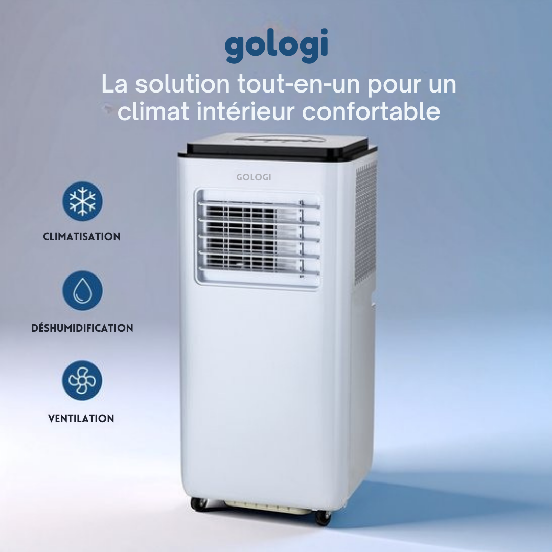 Gologi 3-in-1 Mobile Air Conditioner - Rafraîchisseur d'air avec Wifi et App - 9,000 BTU/h - Avec kit d'étanchéité pour fenêtre - Télécommande incluse - Convient pour la chambre à coucher - Blanc