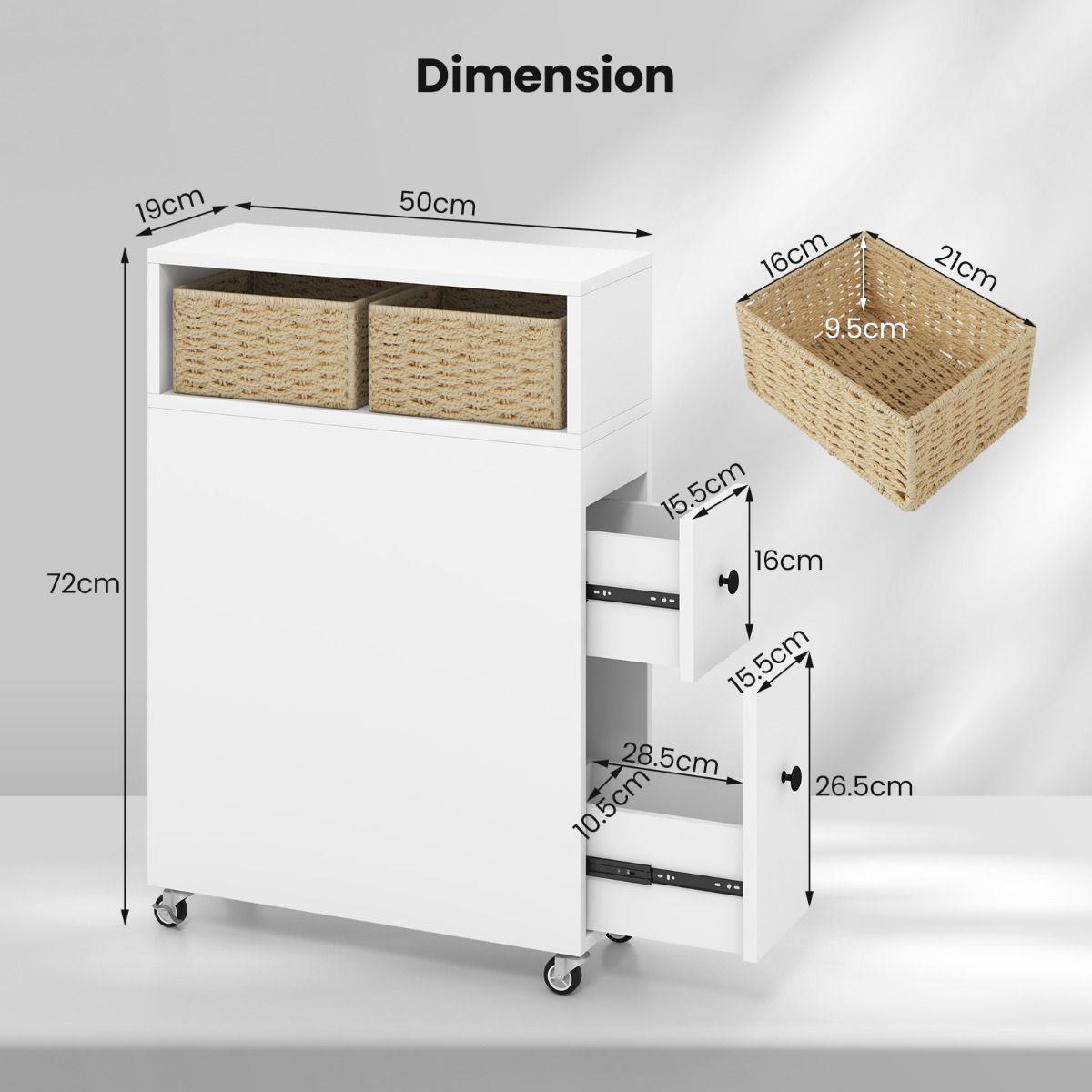 Meuble de rangement étroit Coast sur roulettes - 2 tiroirs - 2 paniers en rotin - 50 x 19 x 72 cm - Blanc