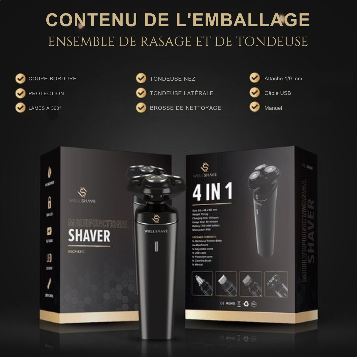 Rasoir Wellshave 4 en 1 pour hommes – Avec tondeuse et tondeuse pour le nez – Rasoir électrique – Utilisation humide et sèche – Rasoirs – Rasage – Tondeuse à barbe