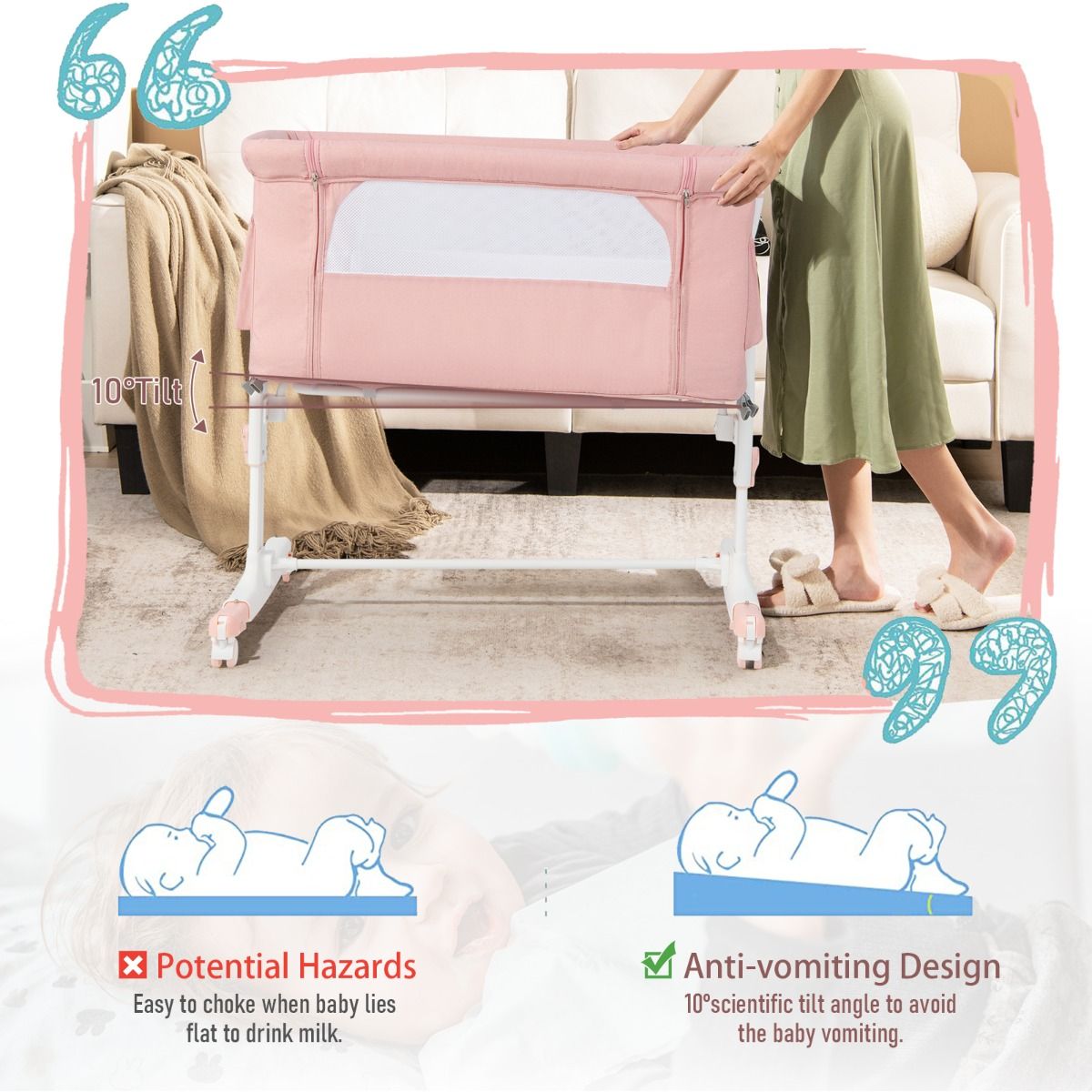 Berceau 3-en-1 Coast - 86x63x65-81 cm - Rose - Ajustable, inclinable et portable avec matelas, sac de rangement et sac de voyage