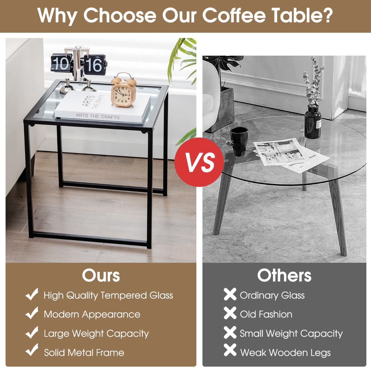 Coast Side Table 43x43x45 cm - Noir avec plateau en verre trempé - Table de jardin compacte pour l'intérieur et l'extérieur