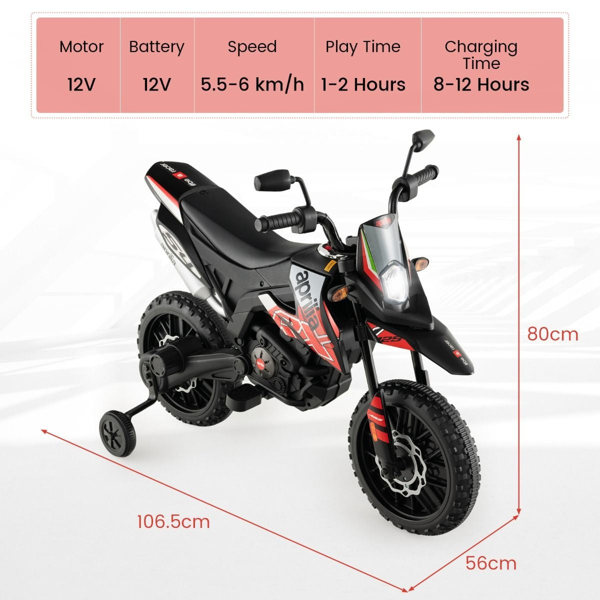 Moto électrique Aprilia-Licence pour enfants - Coast - avec 2 roues d'entraînement - avec musique pour enfants 3-8 ans - Moto à batterie 12V