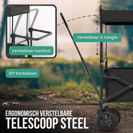 Avalo Wagon Avec Toit XL - Pliable - Jusqu'à 110KG - 97x60x105 CM - 120L - Roues 360º - Noir