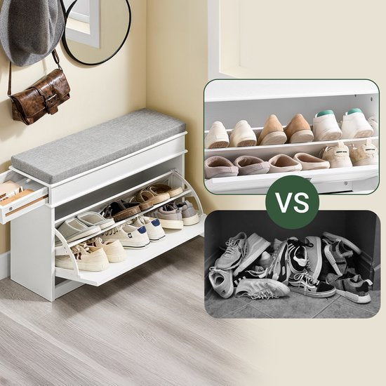 SoBuy FSR82-L-WG Meuble à chaussures banc d'entrée - banc à chaussures avec siège de toilette et coussin de rangement pour chaussures pour hall d'entrée, salon 75 x 24 x 51 cm, capacité 180 kg, blanc effet bois antique