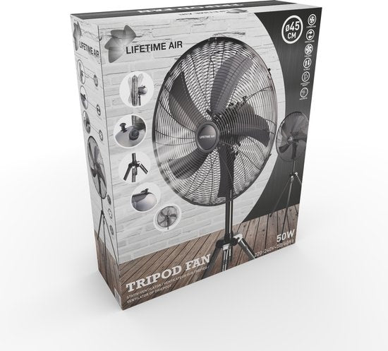 Lifetime Ventilateur tripode - 230V - Hauteur 125-145 CM - Trépied - 3 vitesses - Fonction oscillante - Inclinaison - Argent
