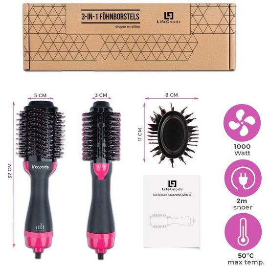 Brosse Soufflante - Auronic - Brosse coiffante - 3 en 1 - 1000W - Noir/Rose