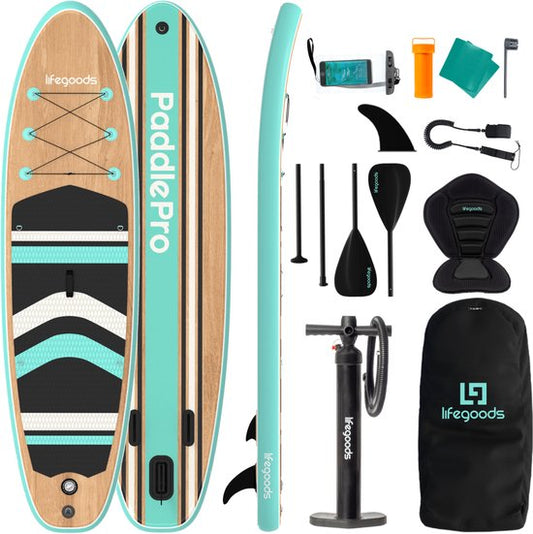 LifeGoods PaddlePro SUP Board - avec siège - Planche à pagaie gonflable - Ensemble complet - Max. 150KG - 320x81cm - Bois/Vert Menthe