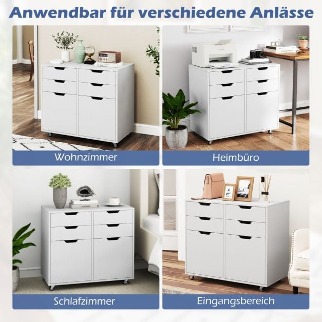 Armoire d'archivage à roulettes Coast – 4 tiroirs et 2 portes – 73 x 40 x 64,5 cm – Blanc