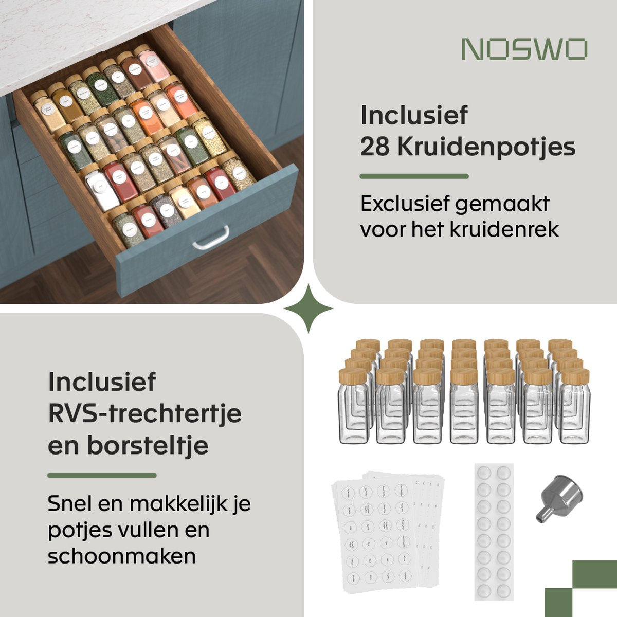 Noswo Spice Rack Drawer - With 28 Jars - Complete Set - Square - Sprinkle Lid and Labels - Spice Organiser - Kitchen Drawer Organiser - Bamboo