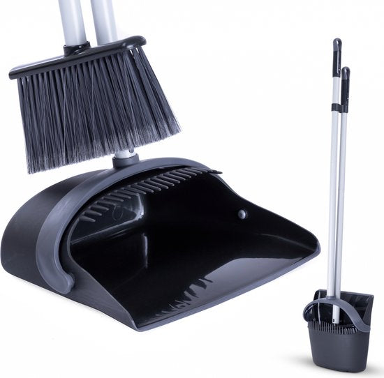 CLEANLY Pelle à poussière et brosse avec long manche 134 cm - Balai pour l'intérieur et l'extérieur - Fibres de brosse innovantes - Noir, Gris