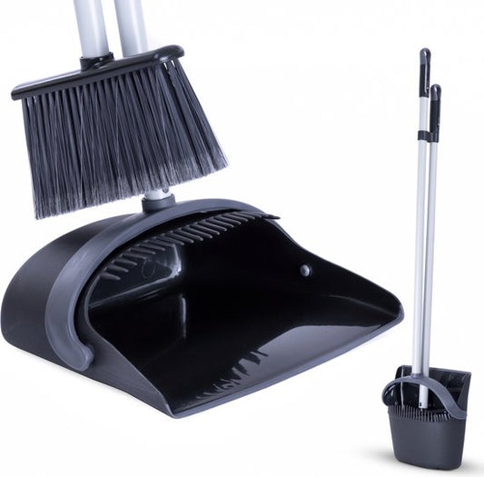 CLEANLY Pelle à poussière et brosse avec long manche 134 cm - Balai pour l'intérieur et l'extérieur - Fibres de brosse innovantes - Noir, Gris